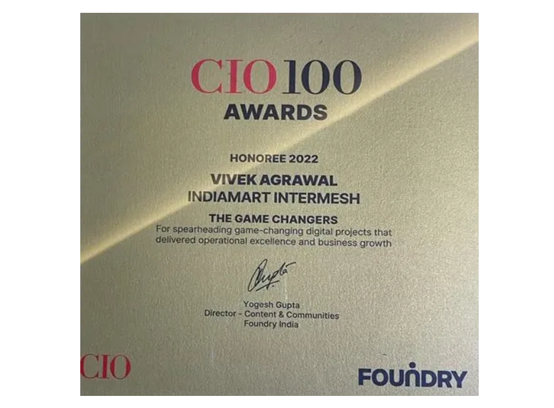 CIO100 India Game Changers Award Certificate 2022