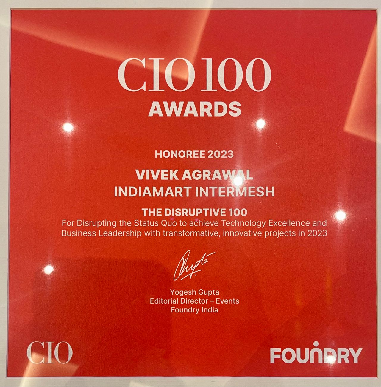 CIO100 Disruptive 100 CIO Award Certificate 2023